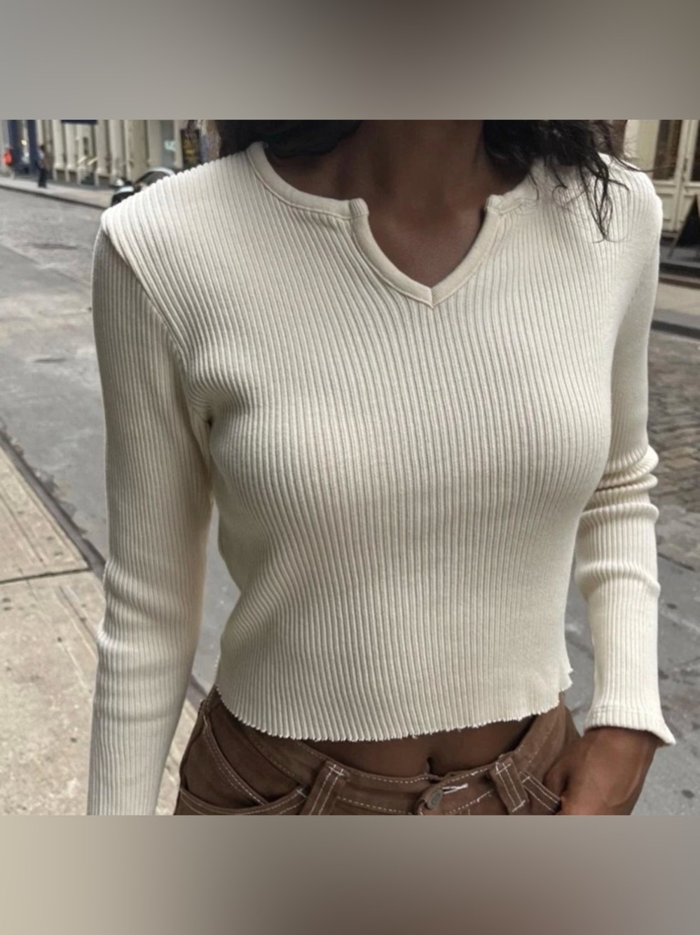 Brandy Melville Ribbed Cream Notch-Neck Long Sleeve Top